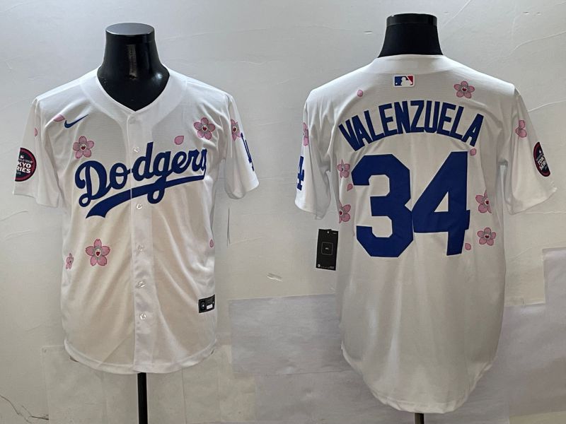 Men Los Angeles Dodgers #34 Valenzuela White Sakura Edition 2025 Nike MLB Jersey style 1